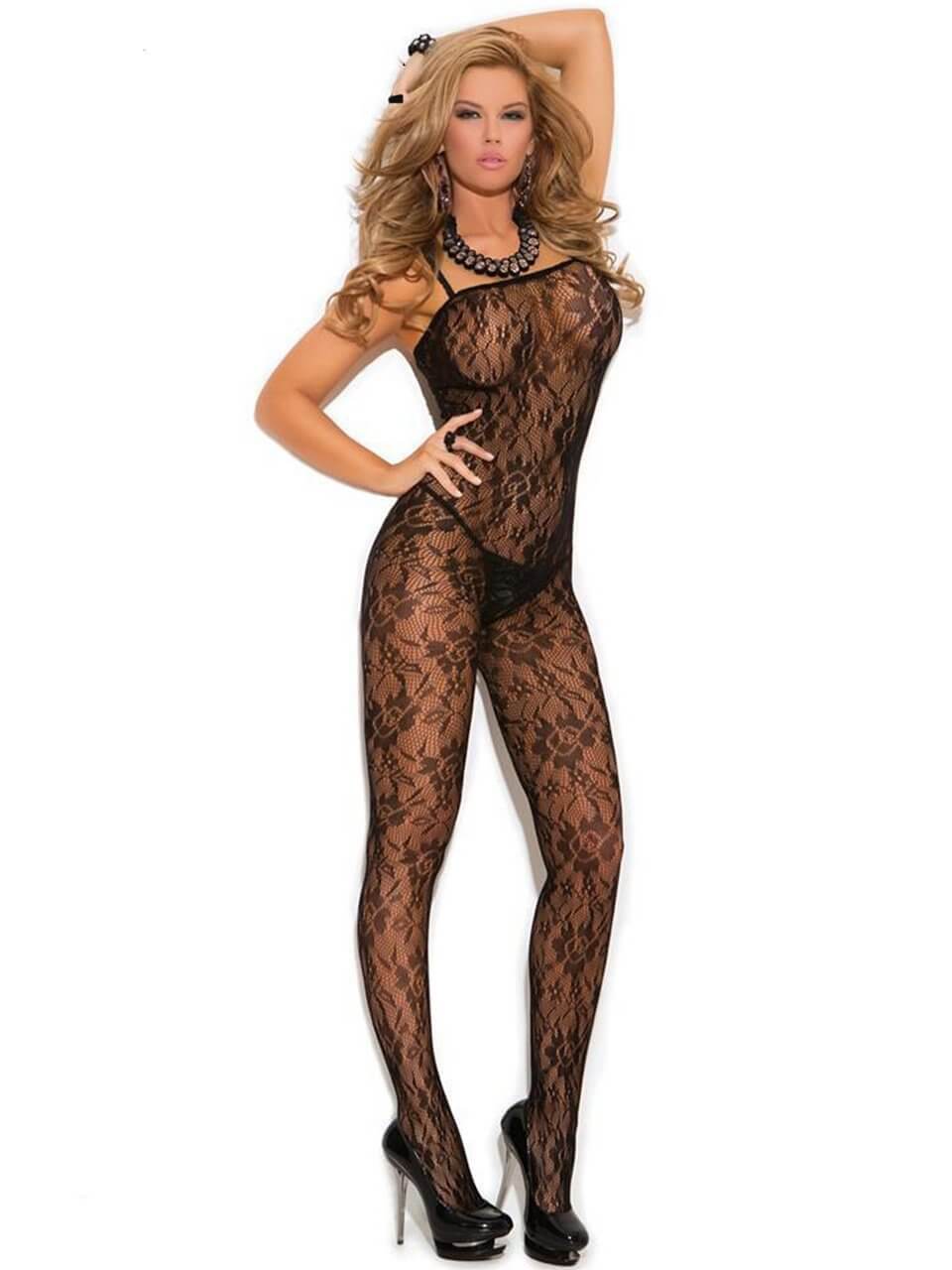 A stunning floral lace bodystocking showcasing intricate lace patterns, designed to enhance curves and provide a comfortable fit.