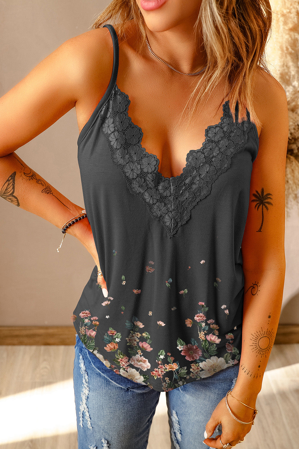 Floral Lace Trim Scalloped Plunge Cami featuring a floral pattern and lace detailing, perfect for casual and chic outfits.