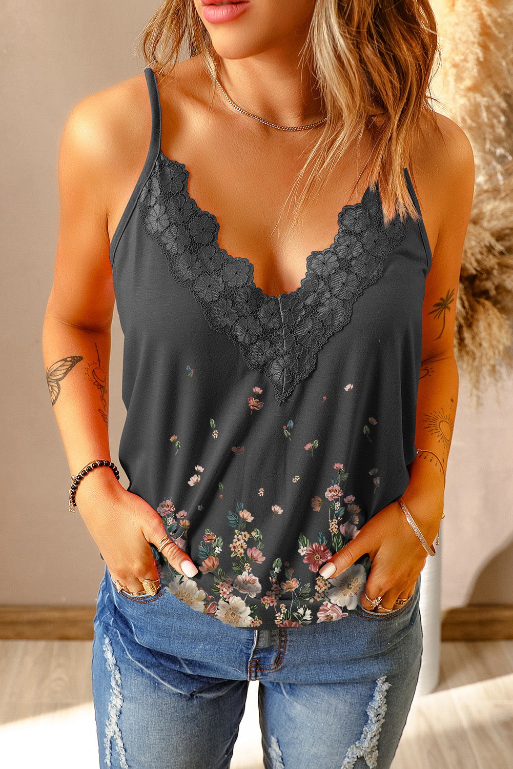 Floral Lace Trim Scalloped Plunge Cami featuring a floral pattern and lace detailing, perfect for casual and chic outfits.