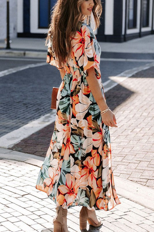 A beautiful floral midi dress featuring vibrant colors and a flattering silhouette, perfect for various occasions.