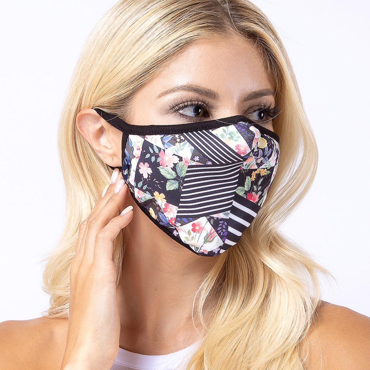 Floral Multi Stripe 3-Layered Face Cover featuring a vibrant floral pattern, made with polyester and cotton for comfort and protection.