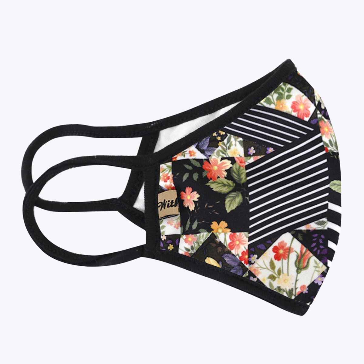 Floral Multi Stripe 3-Layered Face Cover featuring a vibrant floral pattern, made with polyester and cotton for comfort and protection.