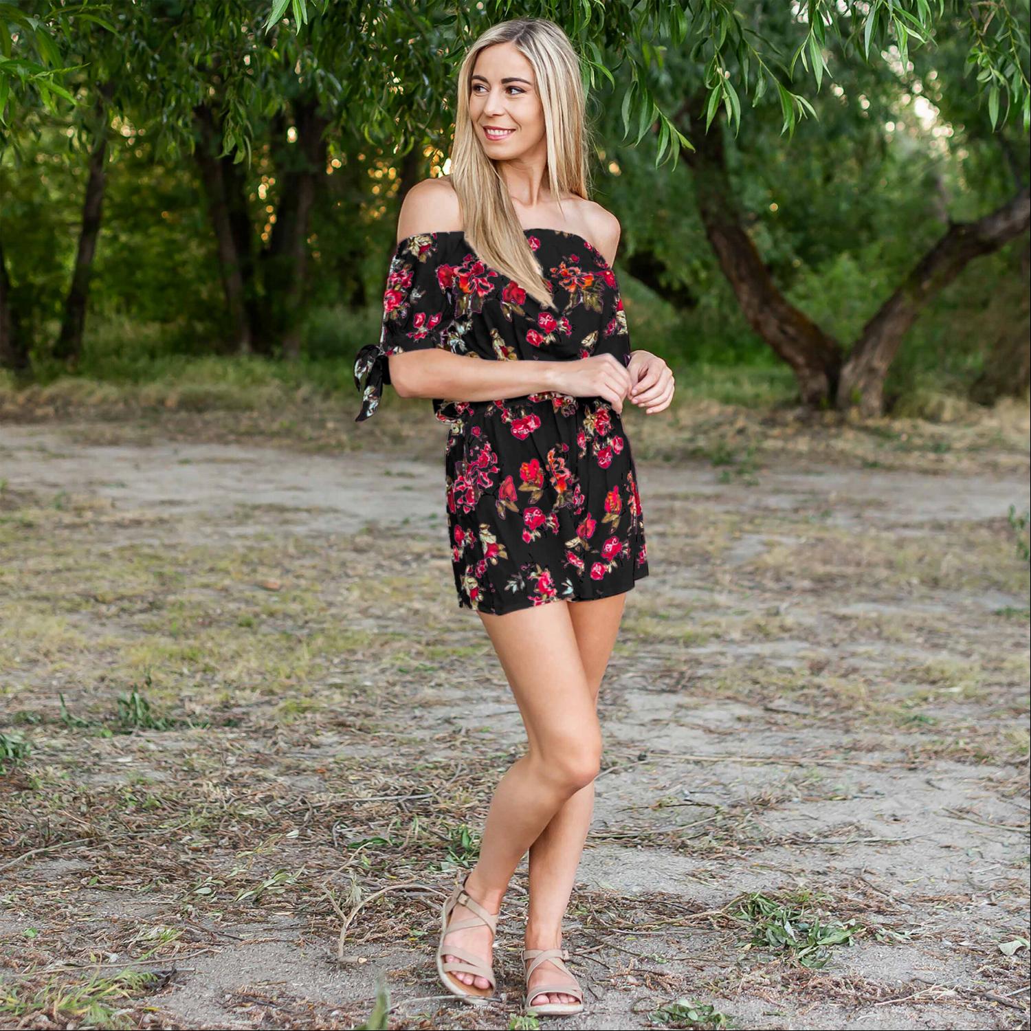 Floral Off Shoulder Woven Romper featuring gathered sleeves and a relaxed fit, perfect for summer outings.