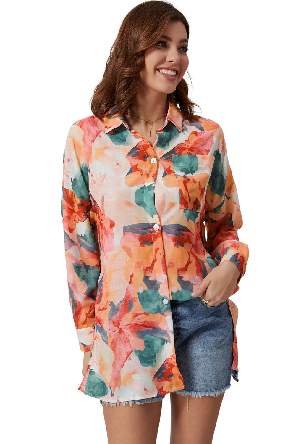 A stylish floral print loose shirt featuring a chic vintage design, perfect for casual and formal occasions.