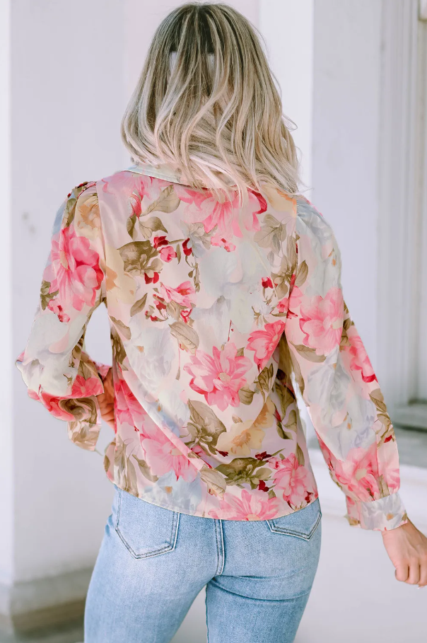 Elegant pink floral print shirt with classic collar and long sleeves, made from high-quality polyester fabric.