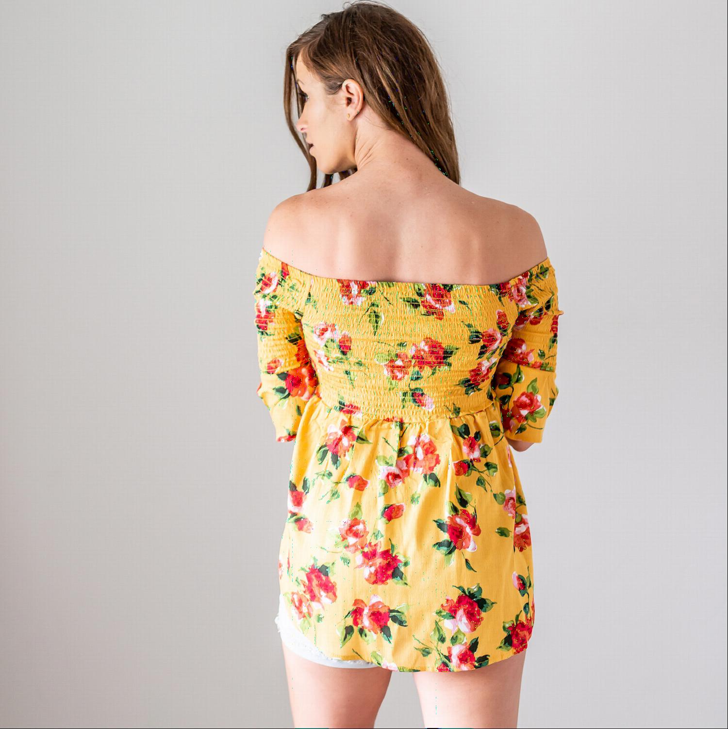 A lightweight floral print top featuring a baby doll silhouette and three-quarter bell sleeves, perfect for spring fashion.