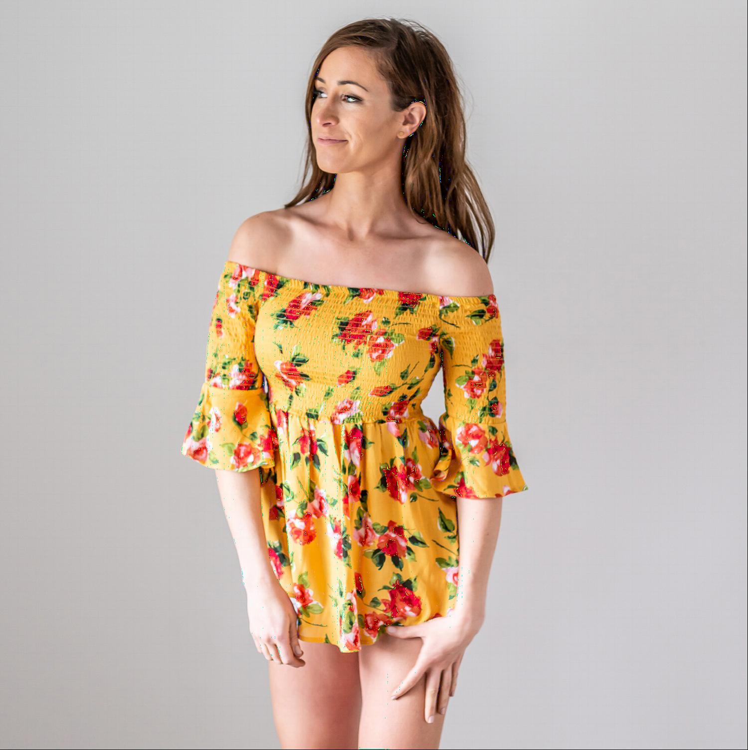 A lightweight floral print top featuring a baby doll silhouette and three-quarter bell sleeves, perfect for spring fashion.