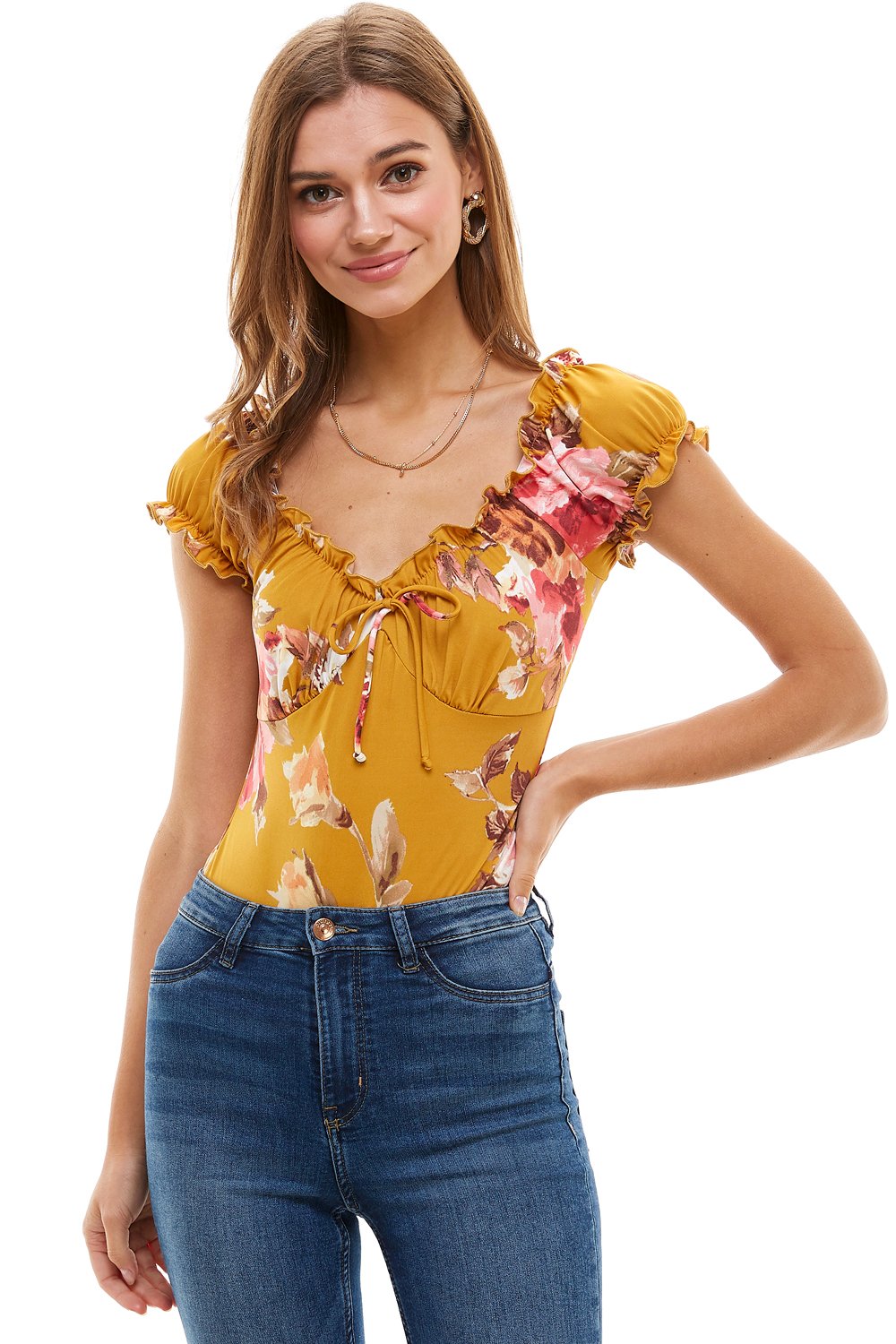 Floral Printed Peasant Style Bodysuit with puff sleeves, showcasing vibrant floral patterns.