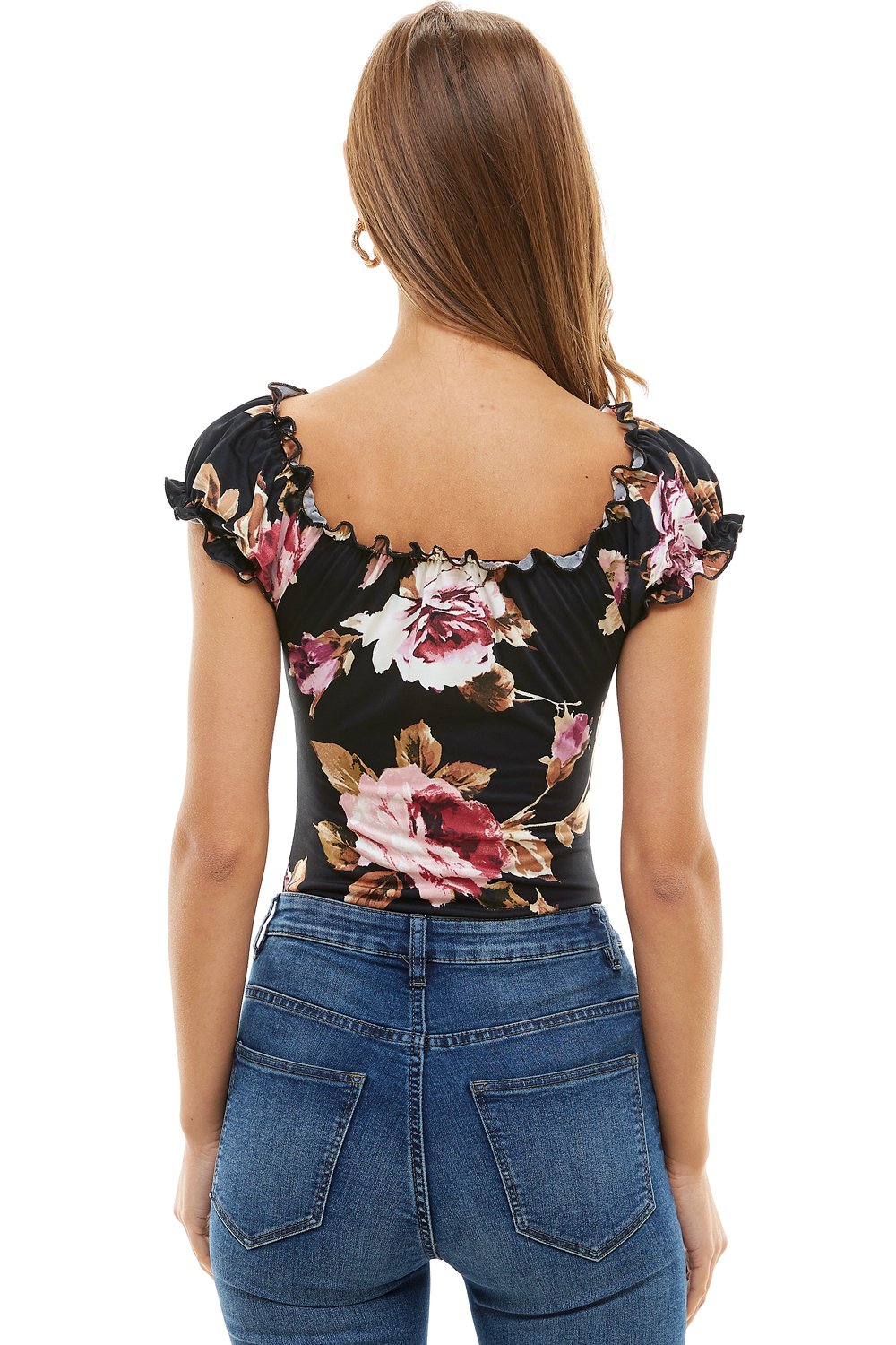 Floral Printed Peasant Style Bodysuit with puff sleeves, showcasing vibrant floral patterns.