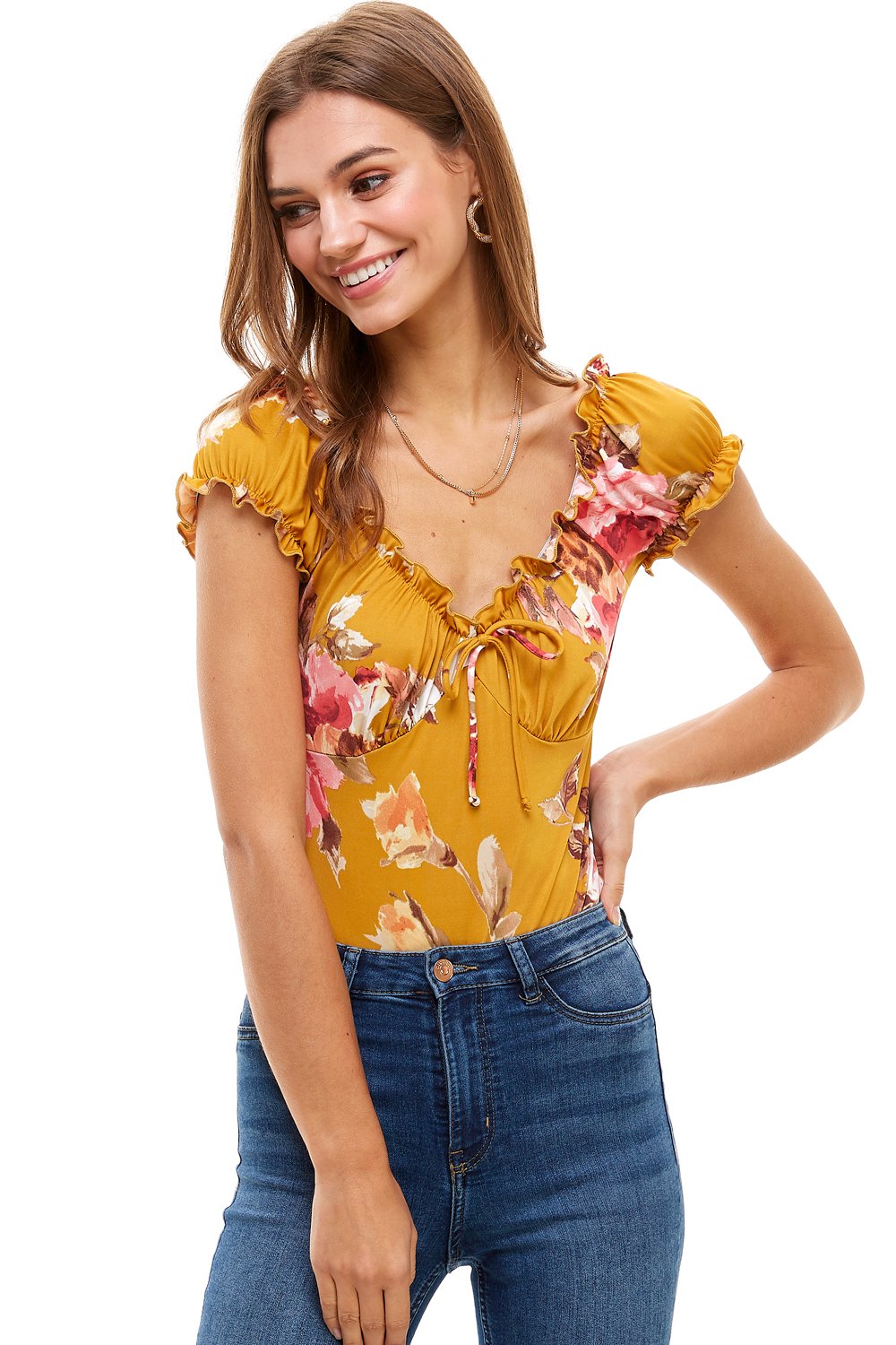 Floral Printed Peasant Style Bodysuit with puff sleeves, showcasing vibrant floral patterns.