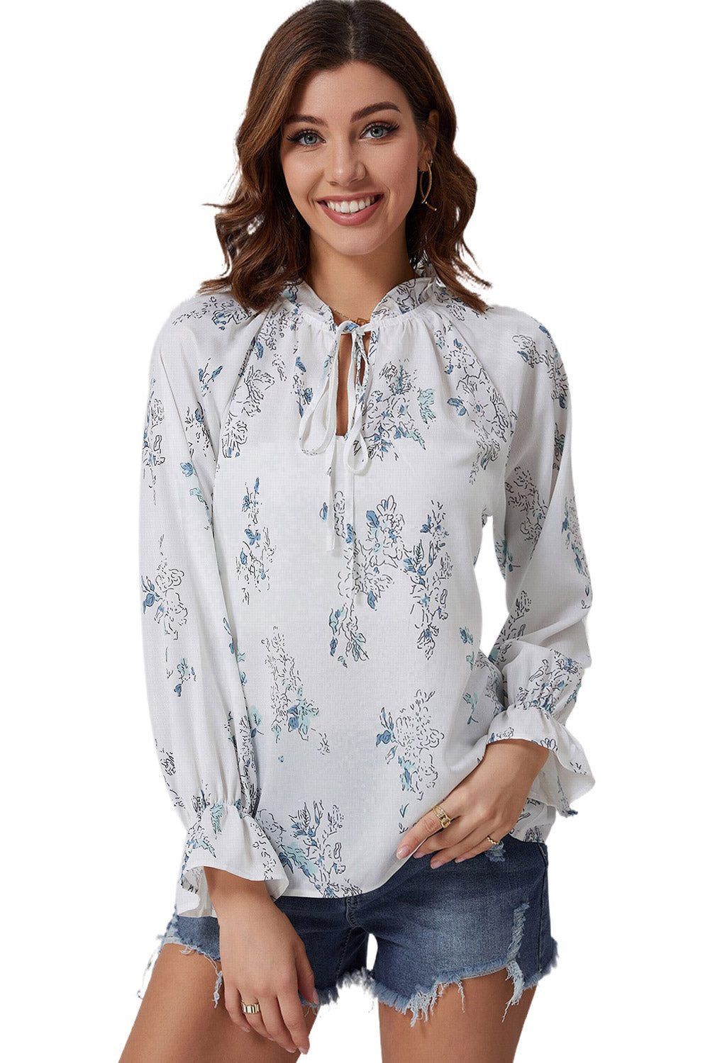 A stylish Floral Tie Neck Crinkle Blouse featuring a vibrant floral print, frilled stand collar, and tie detail, perfect for casual and formal occasions.