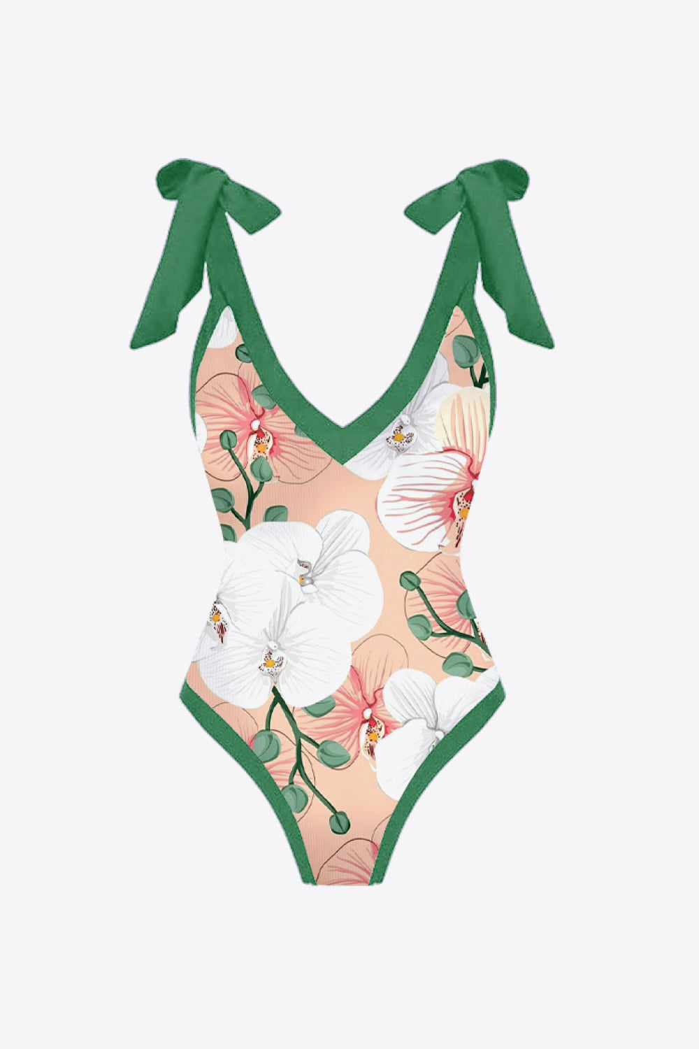 Floral V-Neck Two-Piece Swim Set featuring a no underwire top and skirt bottom, perfect for beach outings.