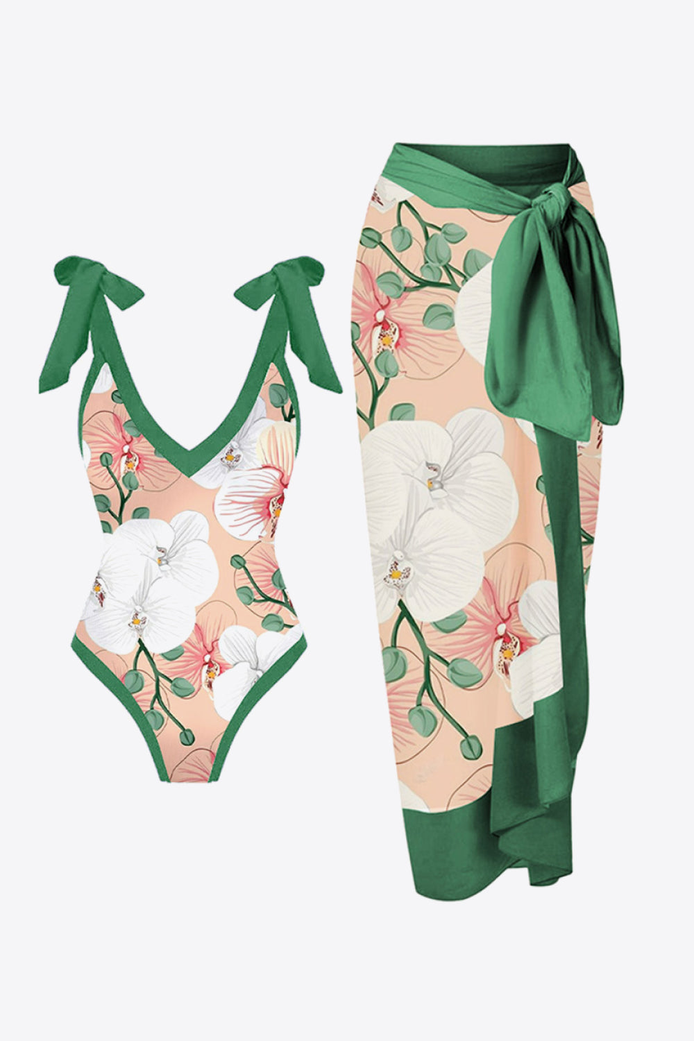 Floral V-Neck Two-Piece Swim Set featuring a no underwire top and skirt bottom, perfect for beach outings.