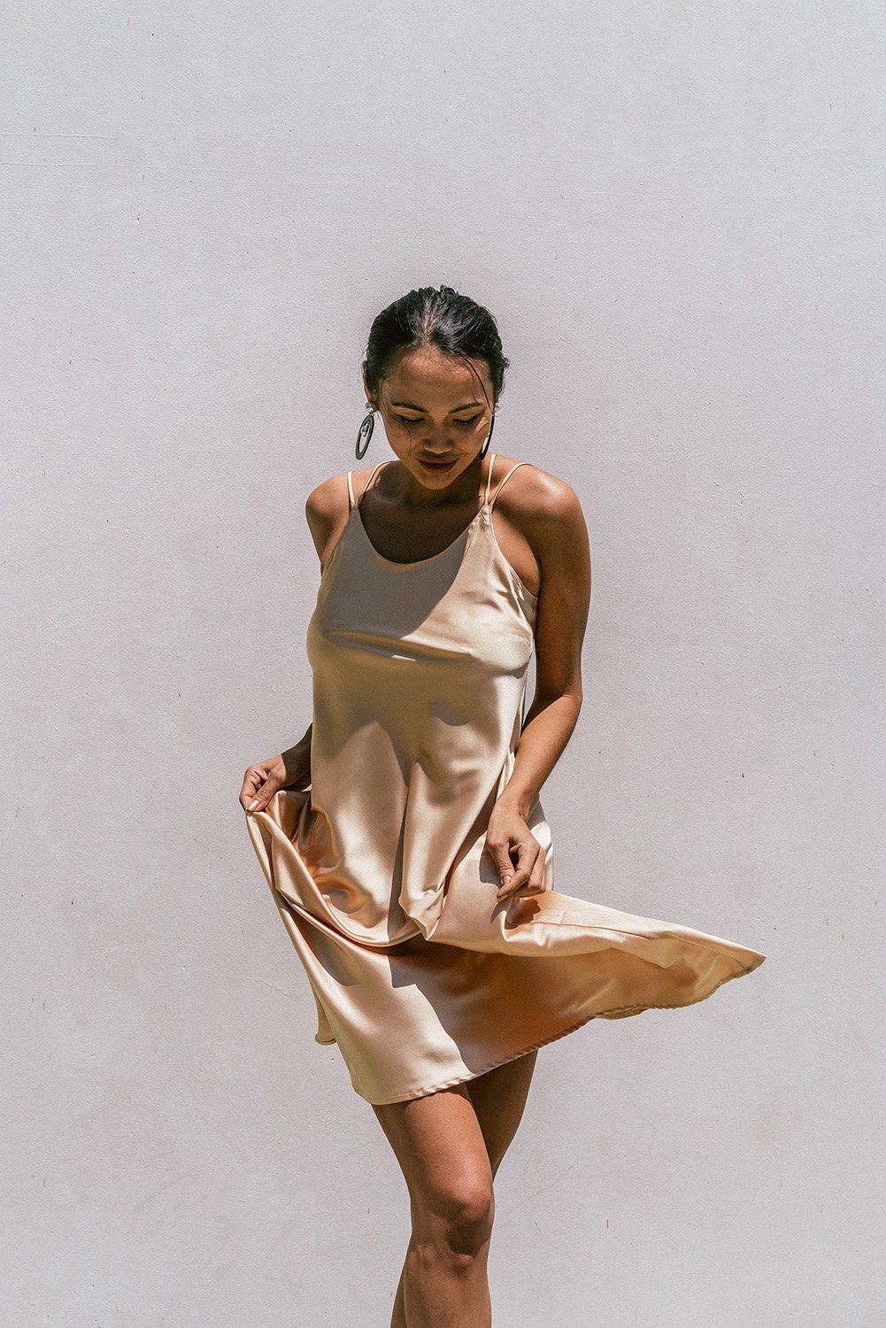 Florida Minimal Satin Slip Dress in lightweight satin with double straps and A-shape silhouette, perfect for summer wear.