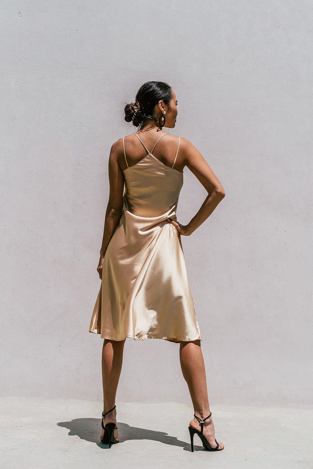 Florida Minimal Satin Slip Dress in lightweight satin with double straps and A-shape silhouette, perfect for summer wear.