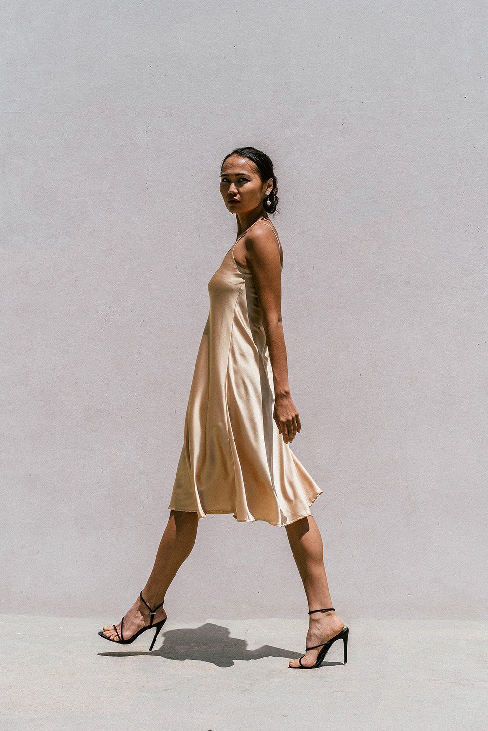 Florida Minimal Satin Slip Dress in lightweight satin with double straps and A-shape silhouette, perfect for summer wear.