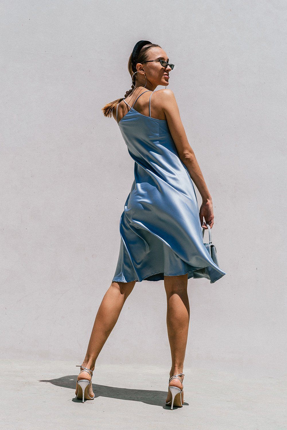 Florida Minimal Satin Slip Dress in lightweight satin with double straps and A-shape silhouette, perfect for summer wear.