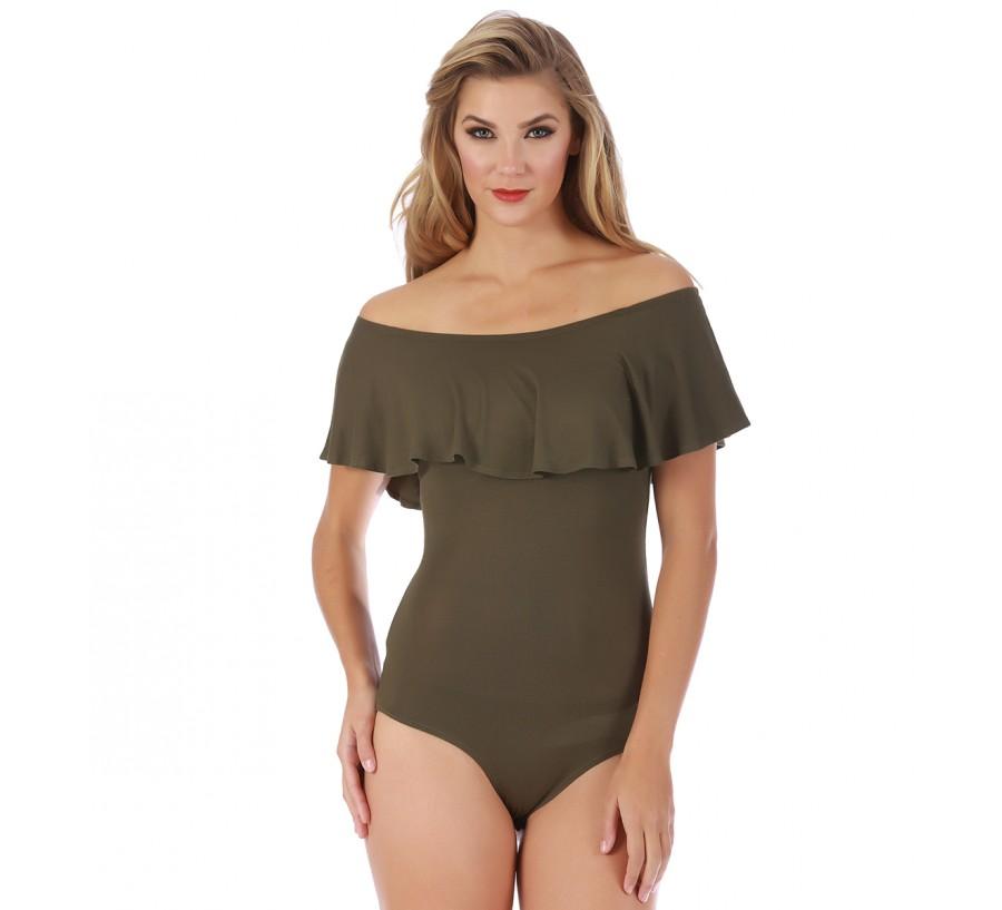 Flounce Off the Shoulder Bodysuit in stylish design, featuring a flounce neckline and snap crotch, perfect for a flirty look.