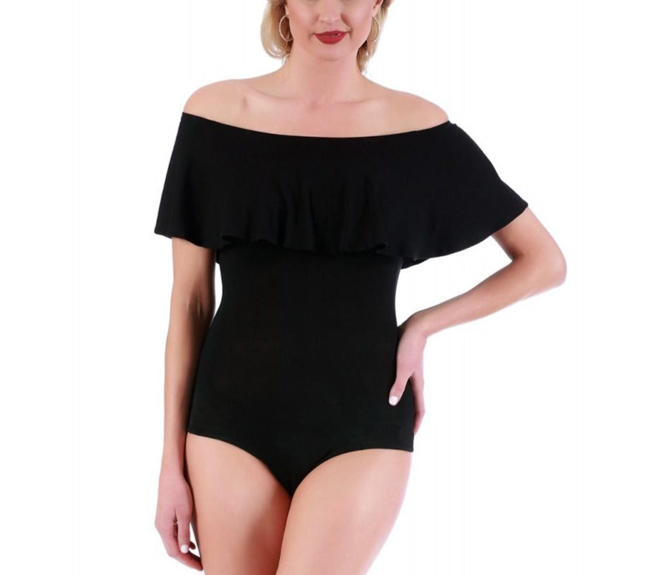 Flounce Off the Shoulder Bodysuit in stylish design, featuring a flounce neckline and snap crotch, perfect for a flirty look.