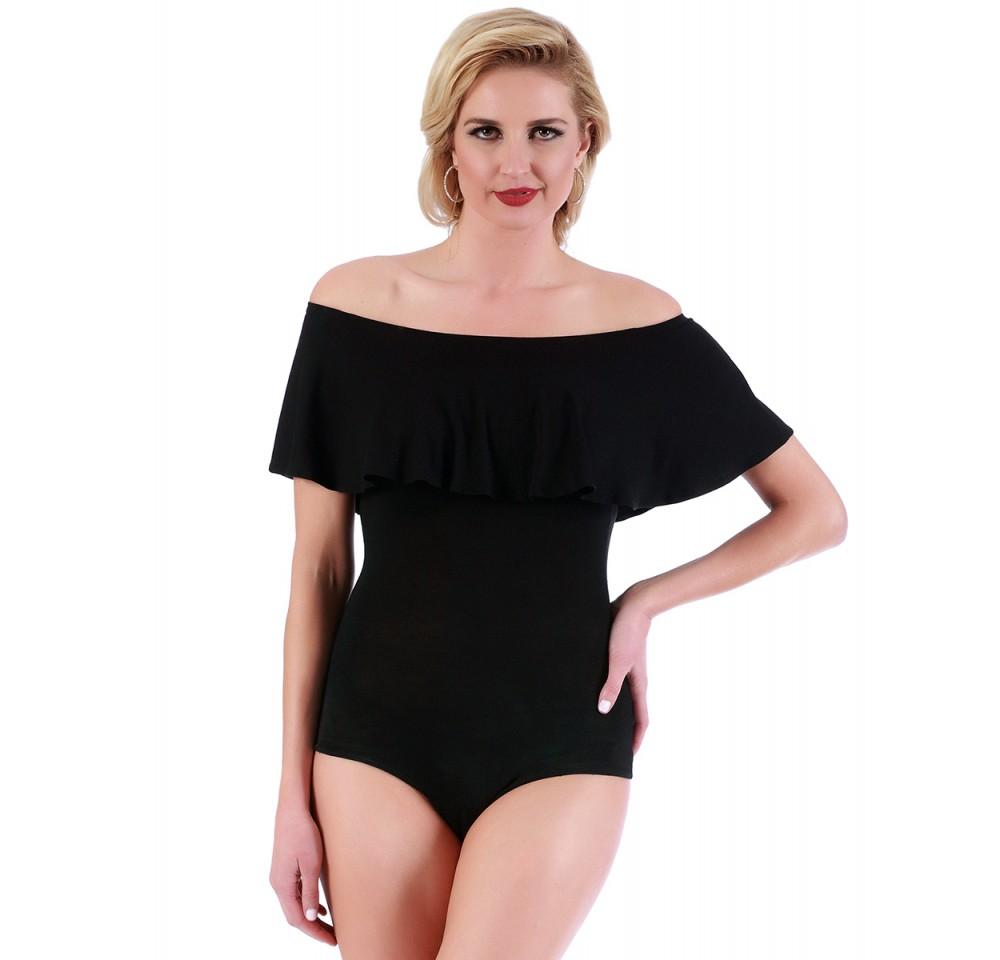 Flounce Off the Shoulder Bodysuit in stylish design, featuring a flounce neckline and snap crotch, perfect for a flirty look.