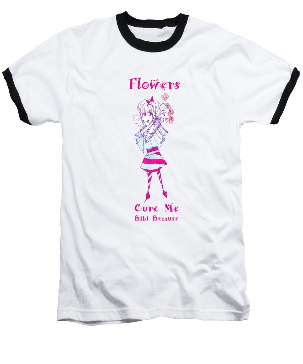 Flowers Cure Me Bibi Baseball T-Shirt featuring a stylish ringer design in vibrant colors, made from 100% pre-shrunk cotton.