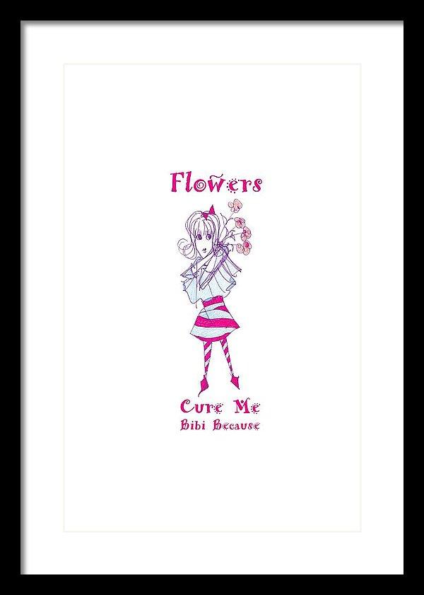 A beautifully framed print titled 'Flowers Cure Me Bibi', showcasing vibrant floral artwork in a stylish frame, ready to hang.