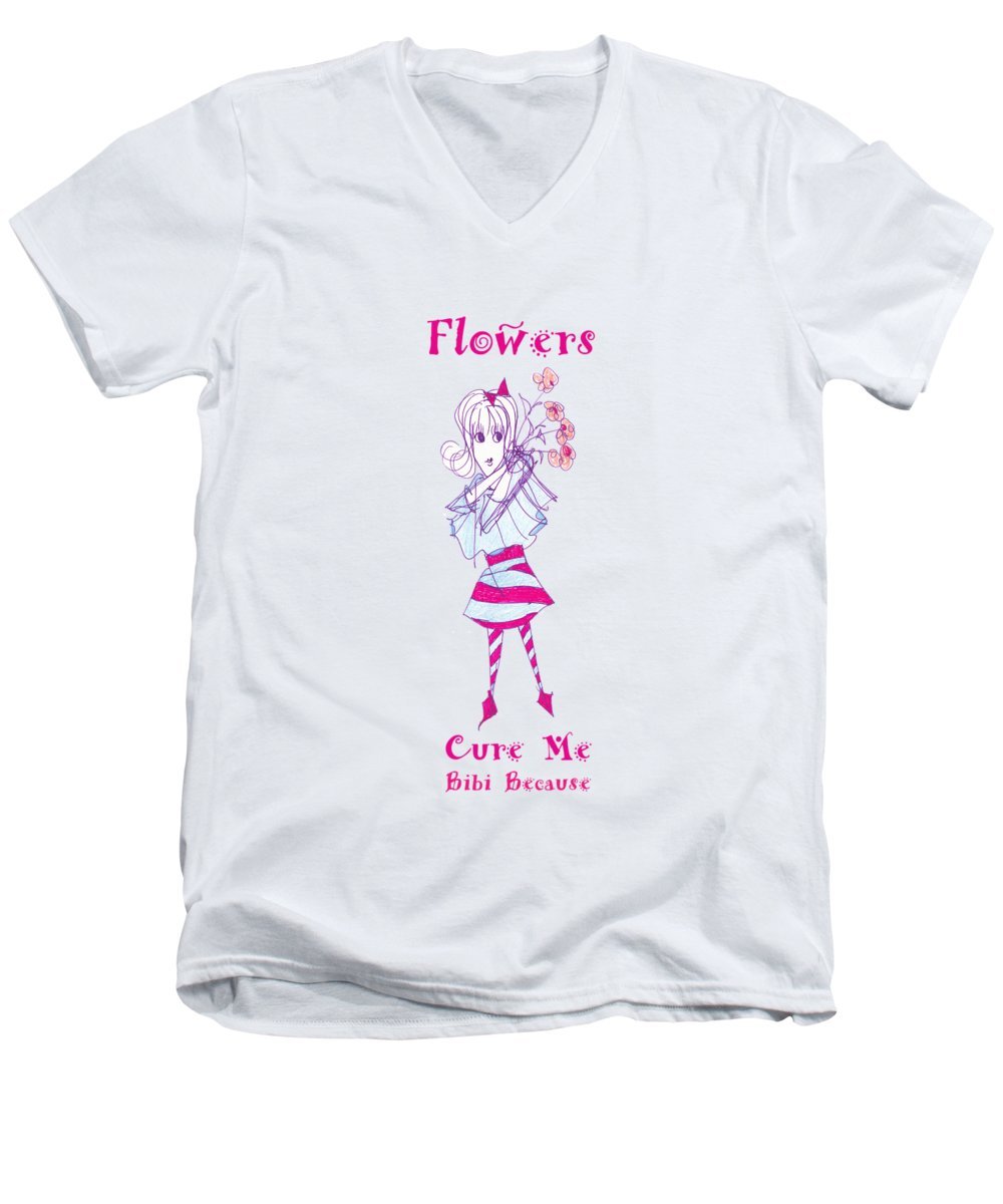 Flowers Cure Me Bibi Men's V-Neck t-shirt in various sizes, showcasing its soft fabric and stylish design.