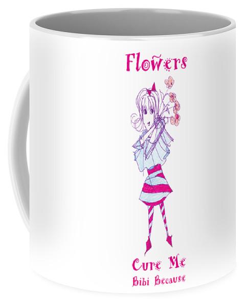 Ceramic Flowers Cure Me Bibi mug with floral design, available in 11 oz. and 15 oz. sizes.