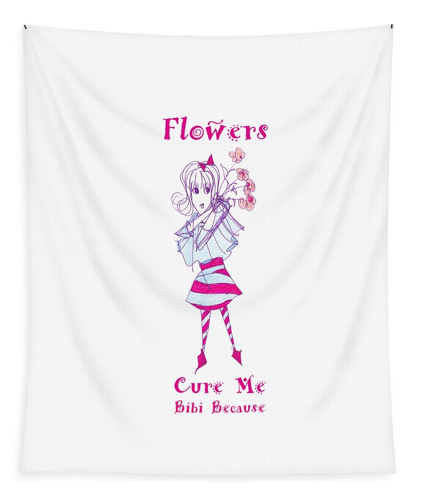 Lightweight Flowers Cure Me Bibi tapestry featuring vibrant artwork, hemmed edges for secure hanging.