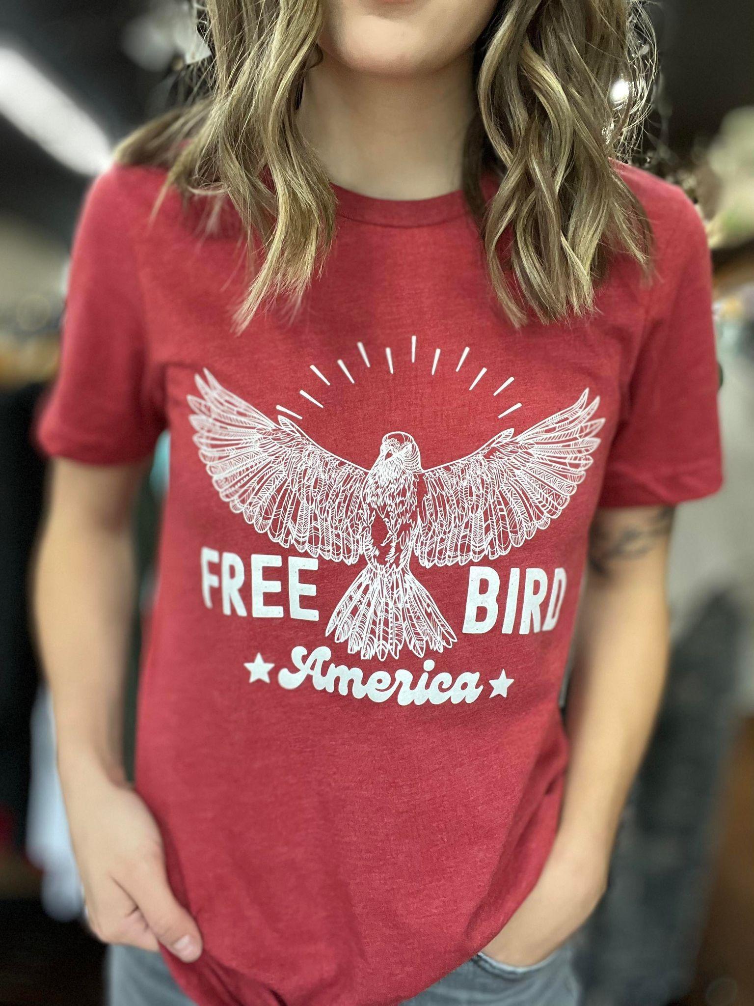 Free Bird: America graphic tee featuring a bird design, perfect for celebrating Independence Day.