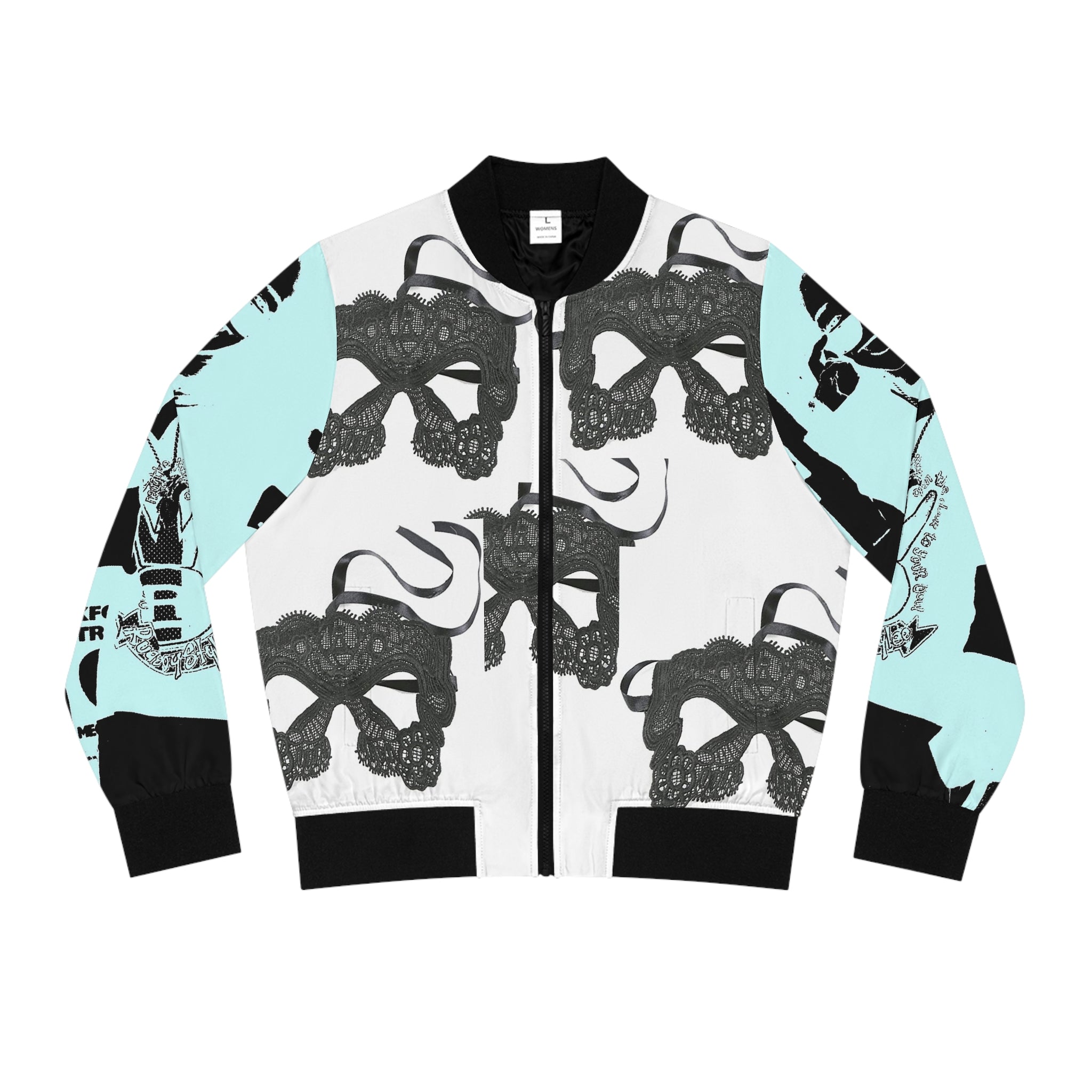 A stylish women's bomber jacket featuring a stand-collar, ribbed cuffs, and a copper zipper closure, showcasing a customizable all-over-print design.