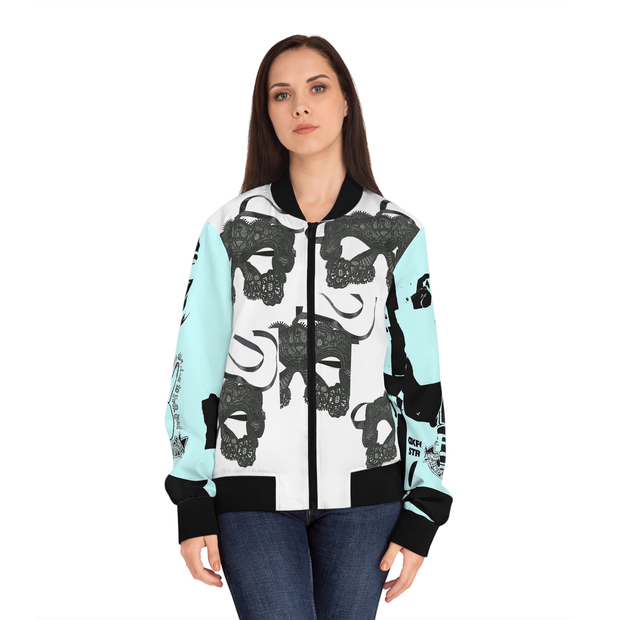 A stylish women's bomber jacket featuring a stand-collar, ribbed cuffs, and a copper zipper closure, showcasing a customizable all-over-print design.