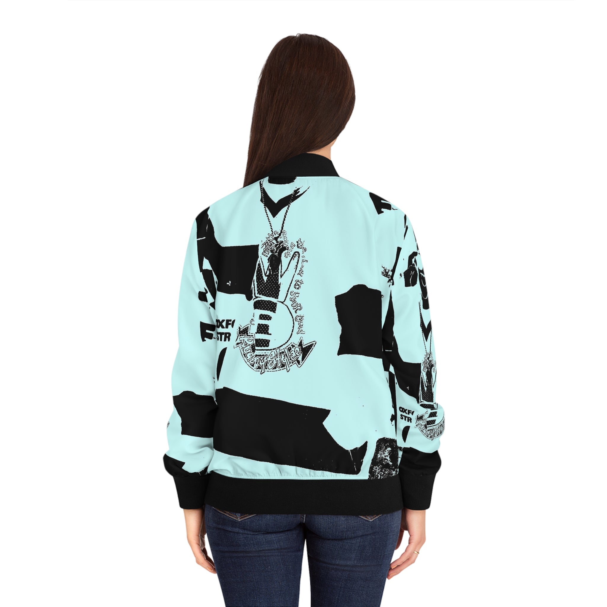 A stylish women's bomber jacket featuring a stand-collar, ribbed cuffs, and a copper zipper closure, showcasing a customizable all-over-print design.