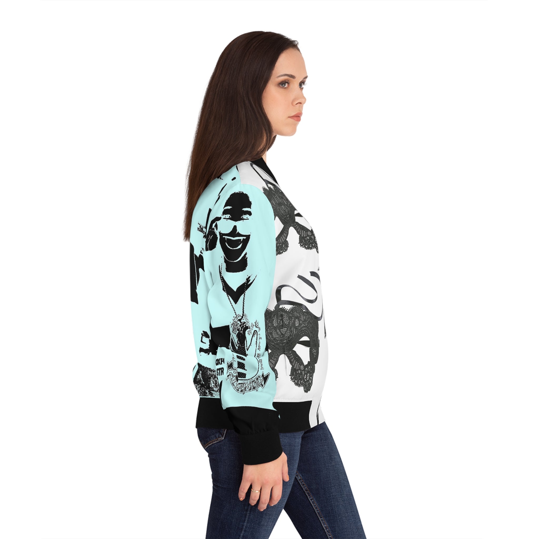 A stylish women's bomber jacket featuring a stand-collar, ribbed cuffs, and a copper zipper closure, showcasing a customizable all-over-print design.