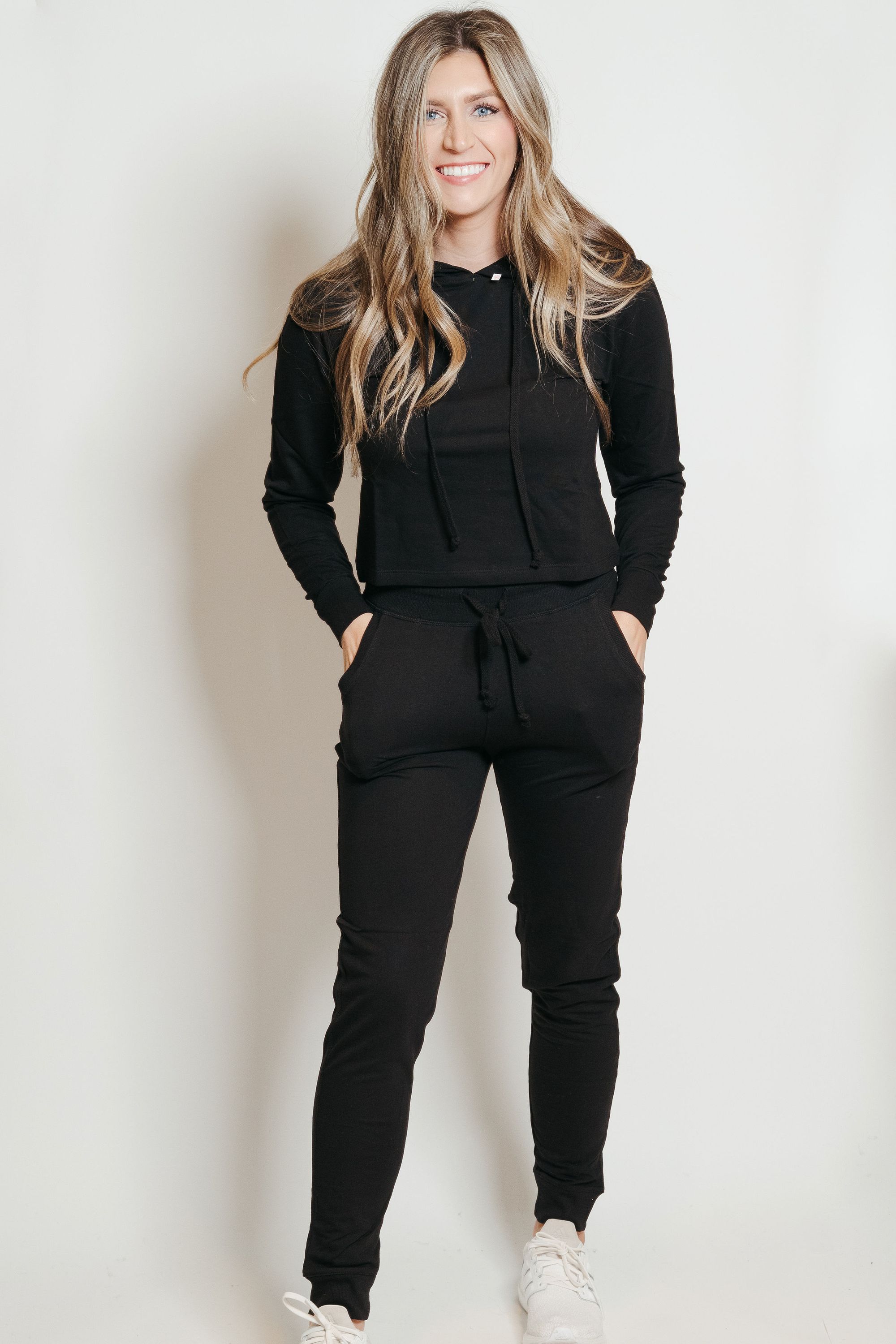 French Terry Hoodie-Jogger Lounge Set in Black, featuring a stylish hoodie and jogger pants, perfect for casual wear and lounging.