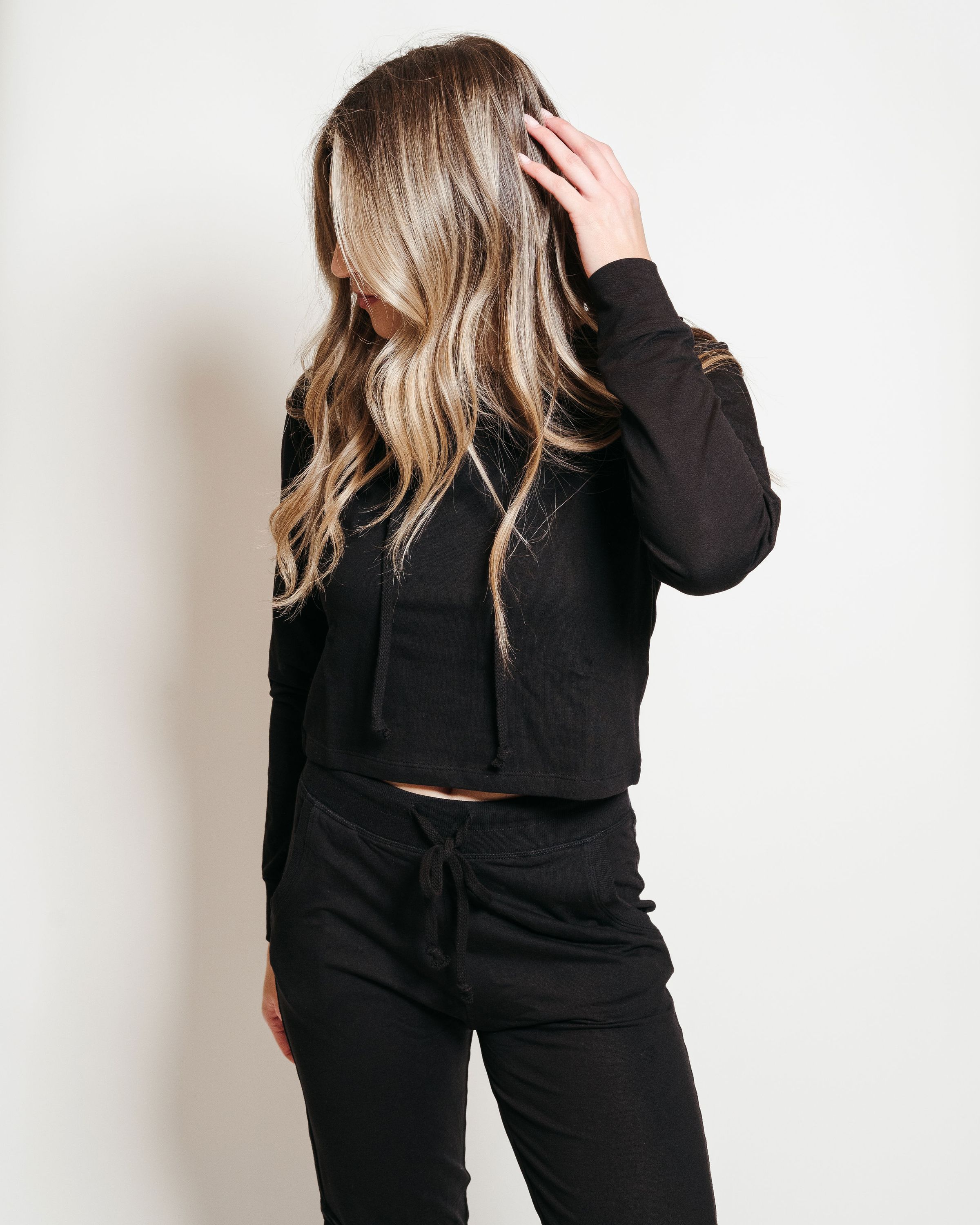 French Terry Hoodie-Jogger Lounge Set in Black, featuring a stylish hoodie and jogger pants, perfect for casual wear and lounging.