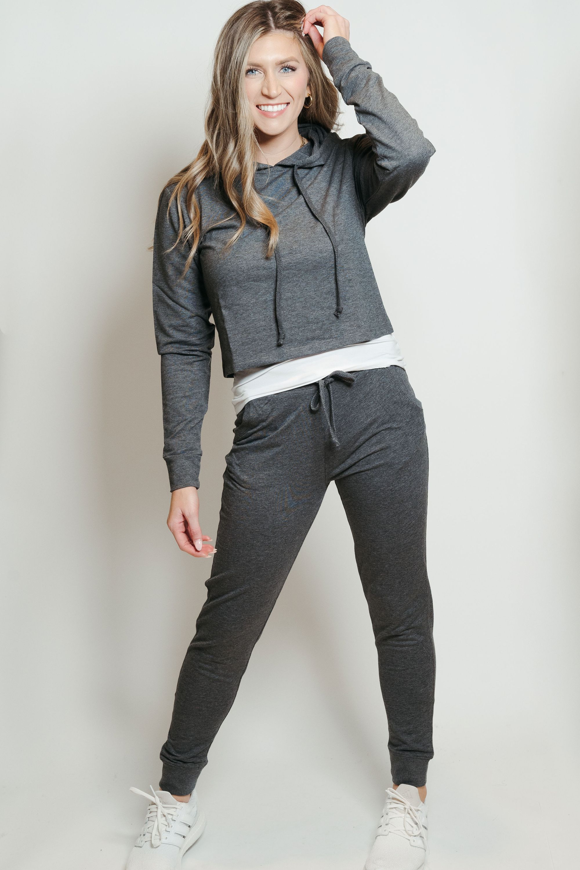 Charcoal French Terry Hoodie-Jogger Lounge Set displayed on a mannequin, showcasing its cropped hoodie and snug joggers.