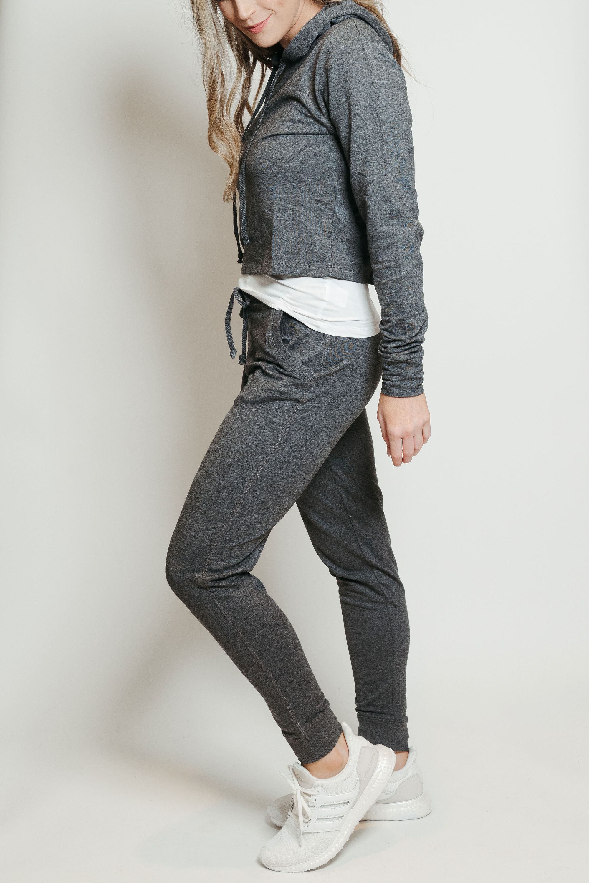 Charcoal French Terry Hoodie-Jogger Lounge Set displayed on a mannequin, showcasing its cropped hoodie and snug joggers.