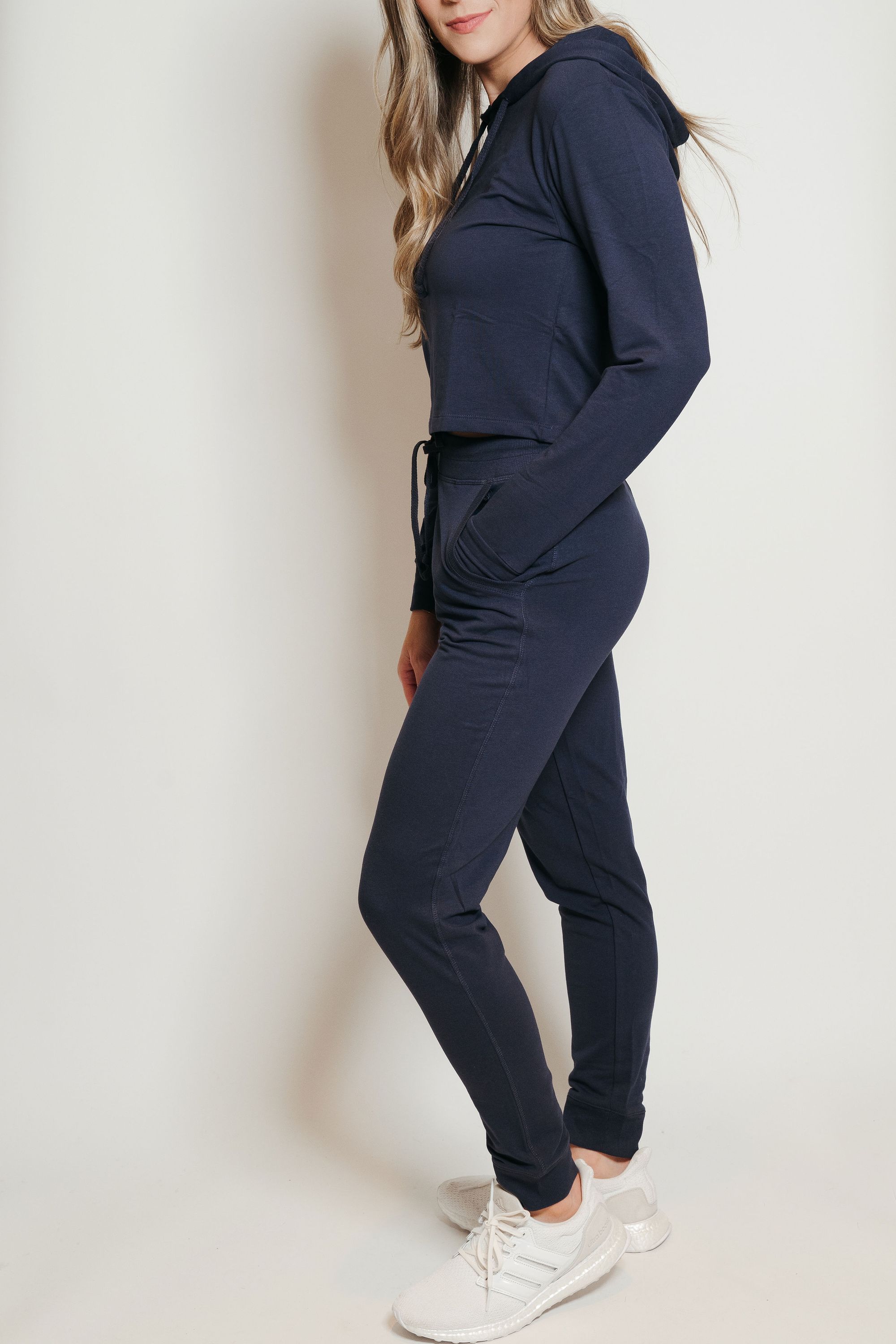 Navy French Terry Hoodie-Jogger Lounge Set displayed on a mannequin, showcasing the cropped hoodie and snug joggers.