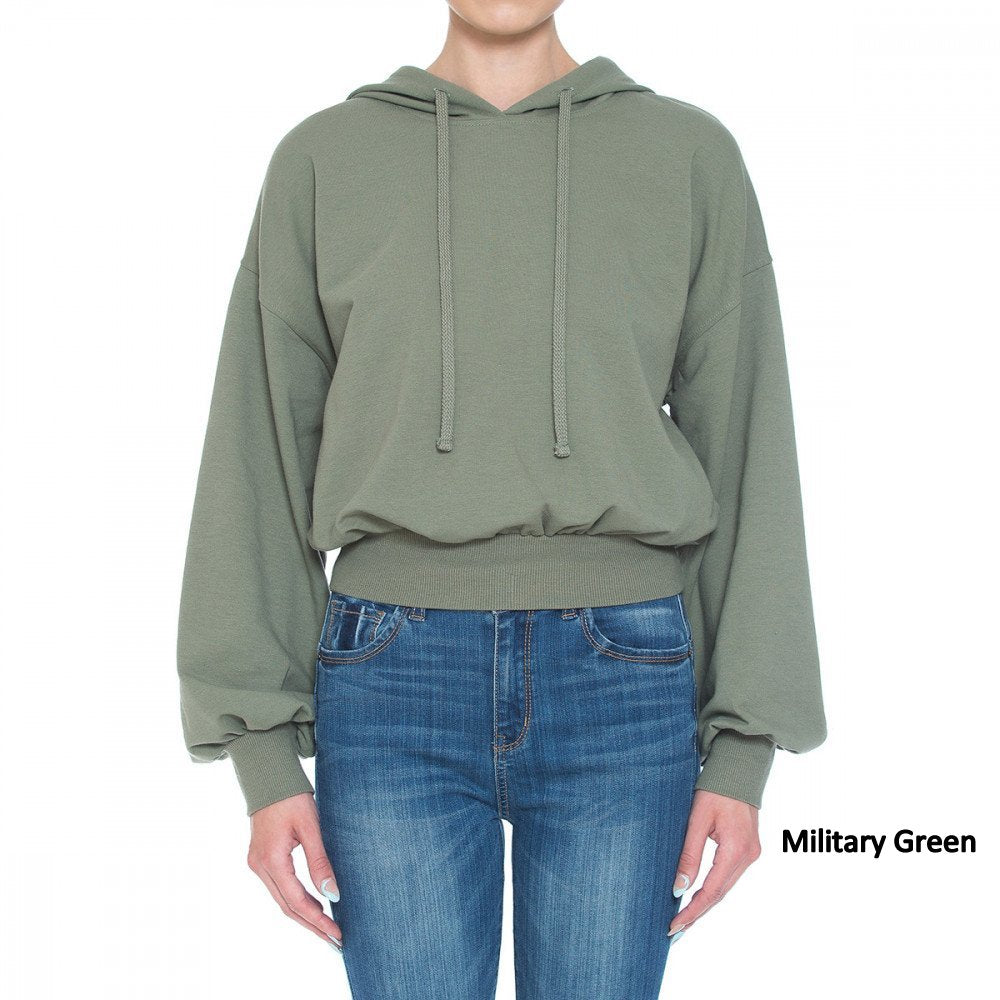 French Terry Long Balloon Sleeve Crop Hoodie in a stylish design with fitted waist and balloon sleeves, perfect for casual wear.