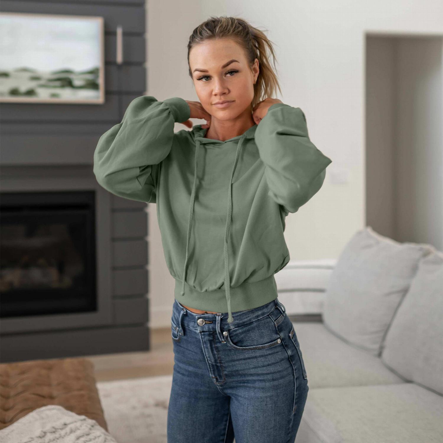 French Terry Long Balloon Sleeve Crop Hoodie in a stylish design with fitted waist and balloon sleeves, perfect for casual wear.