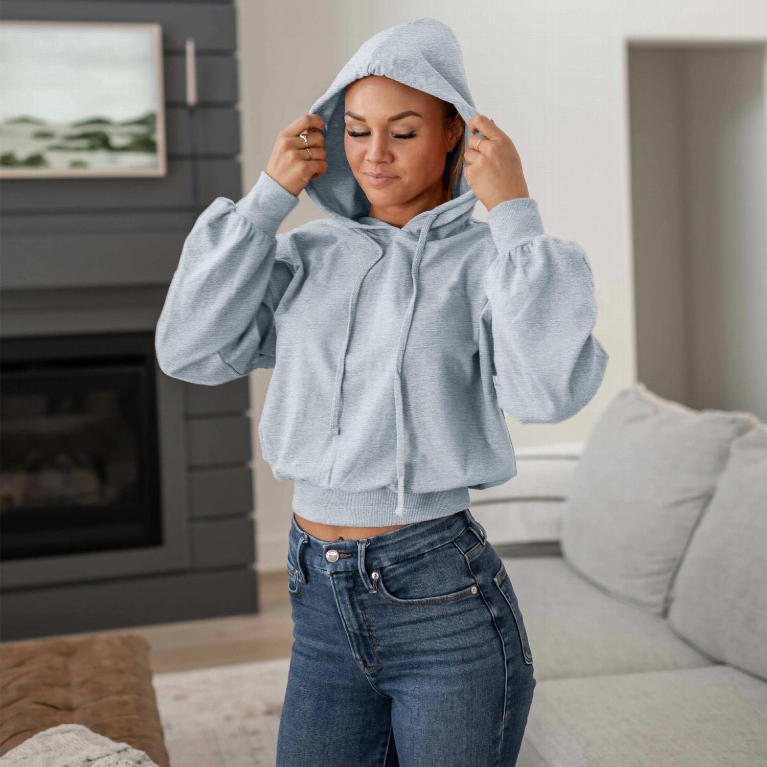 French Terry Long Balloon Sleeve Crop Hoodie in a stylish design with fitted waist and balloon sleeves, perfect for casual wear.