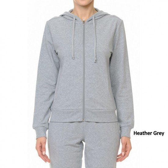 French Terry Long Sleeve Zip-up Hoodie in three colors with adjustable drawstring hood and side pockets.