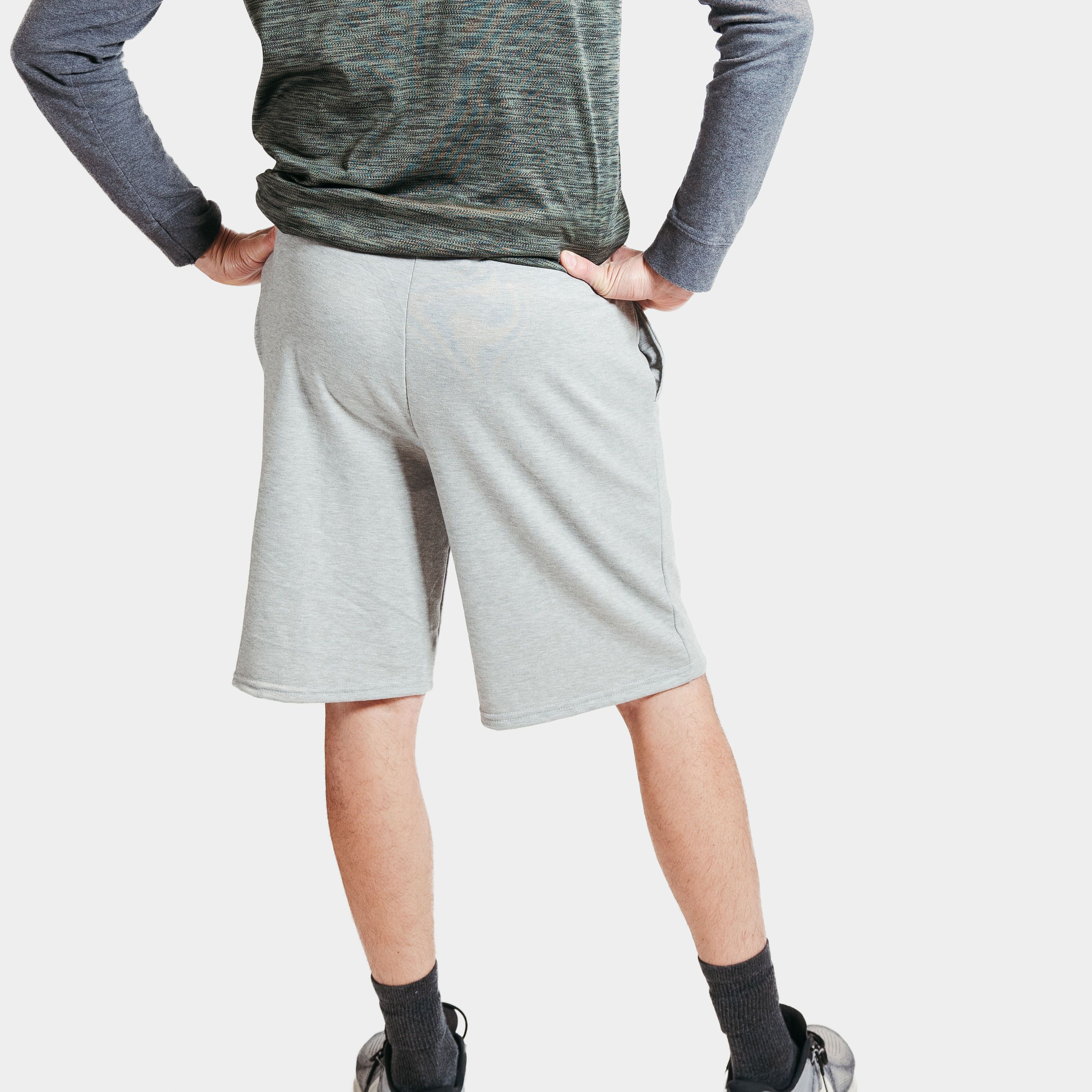 Heather Gray French Terry Lounge Shorts with adjustable waistband, showcasing a soft and cozy fabric perfect for lounging.