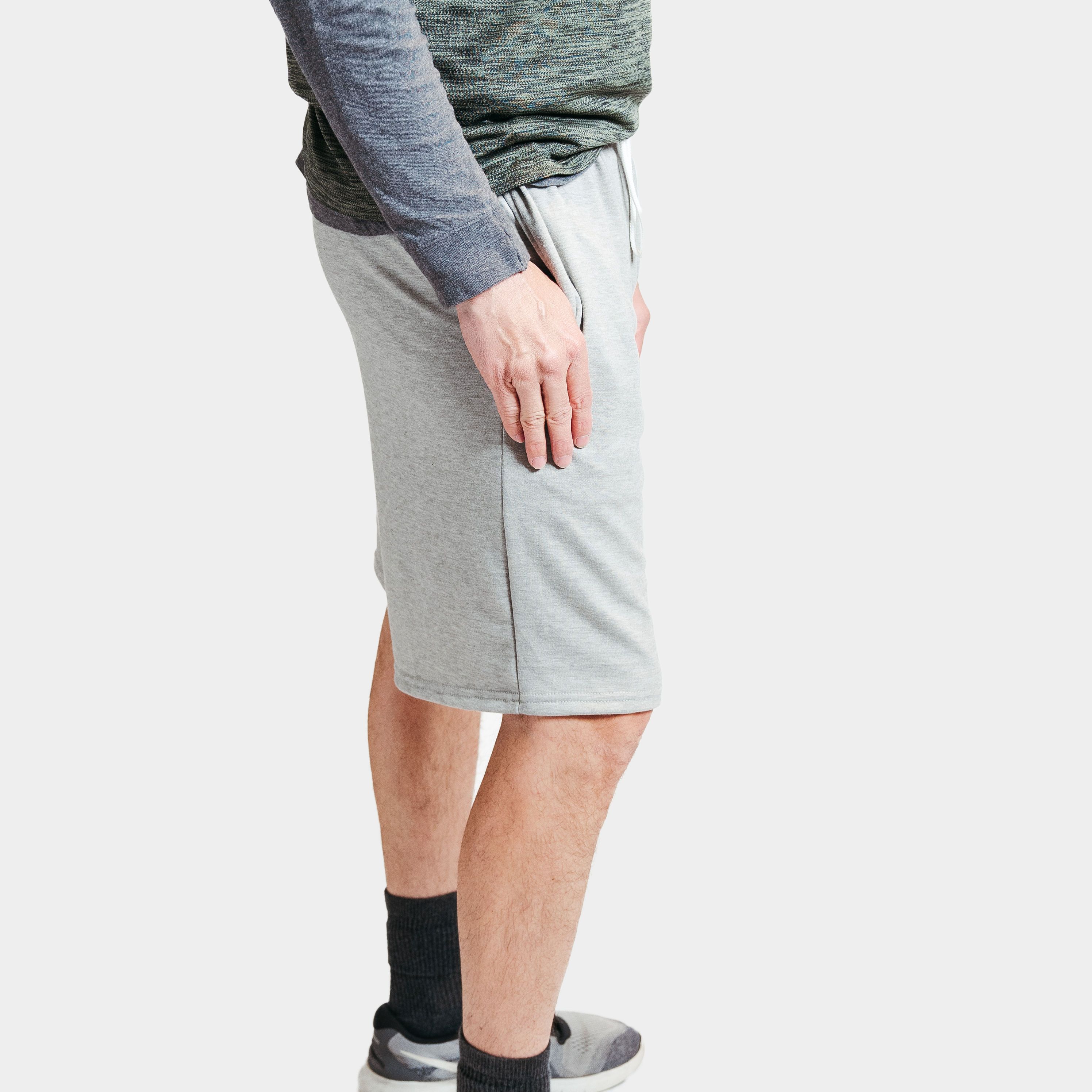 Heather Gray French Terry Lounge Shorts with adjustable waistband, showcasing a soft and cozy fabric perfect for lounging.