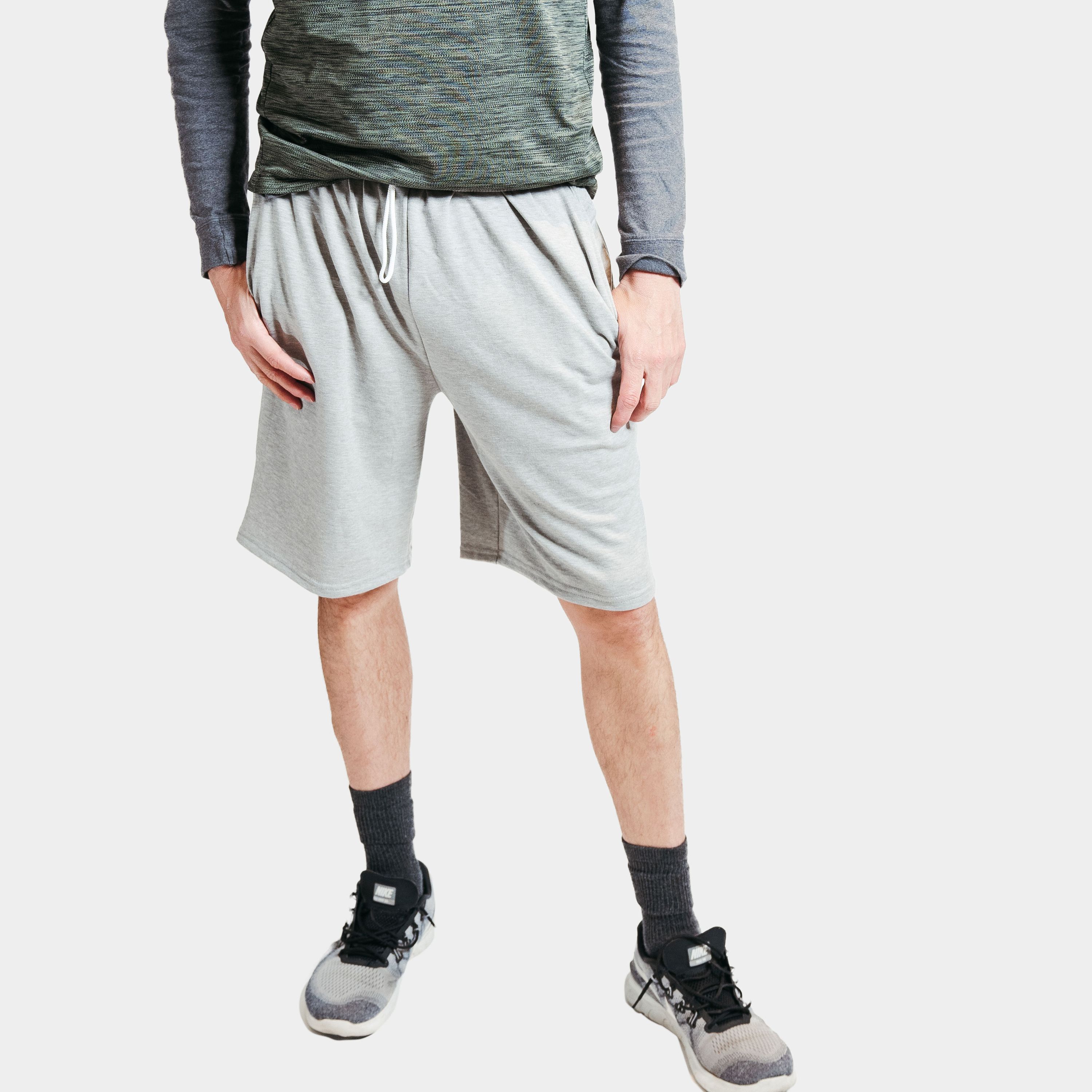 Heather Gray French Terry Lounge Shorts with adjustable waistband, showcasing a soft and cozy fabric perfect for lounging.