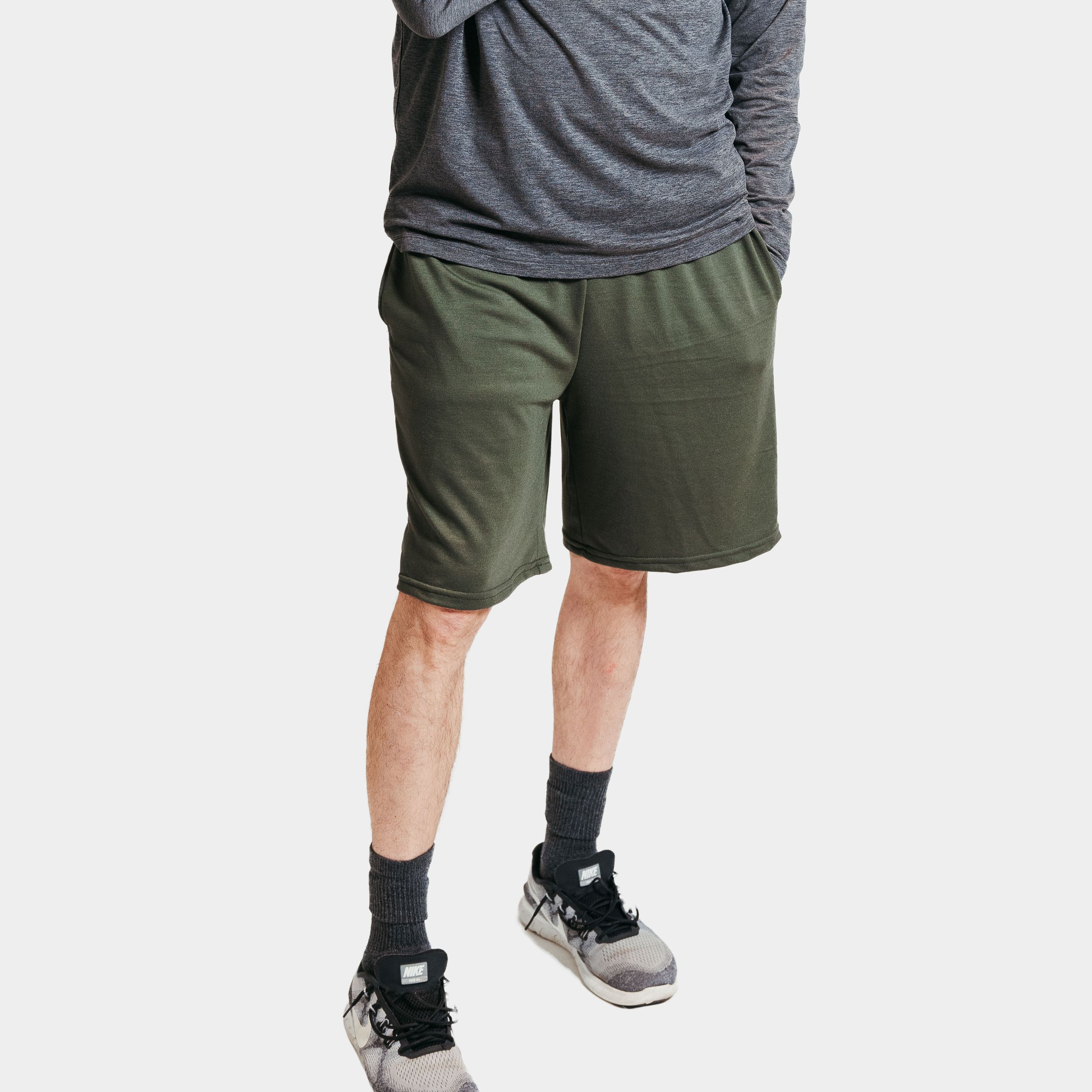 Olive French Terry Lounge Shorts with adjustable waistband and soft fabric, perfect for lounging and casual wear.