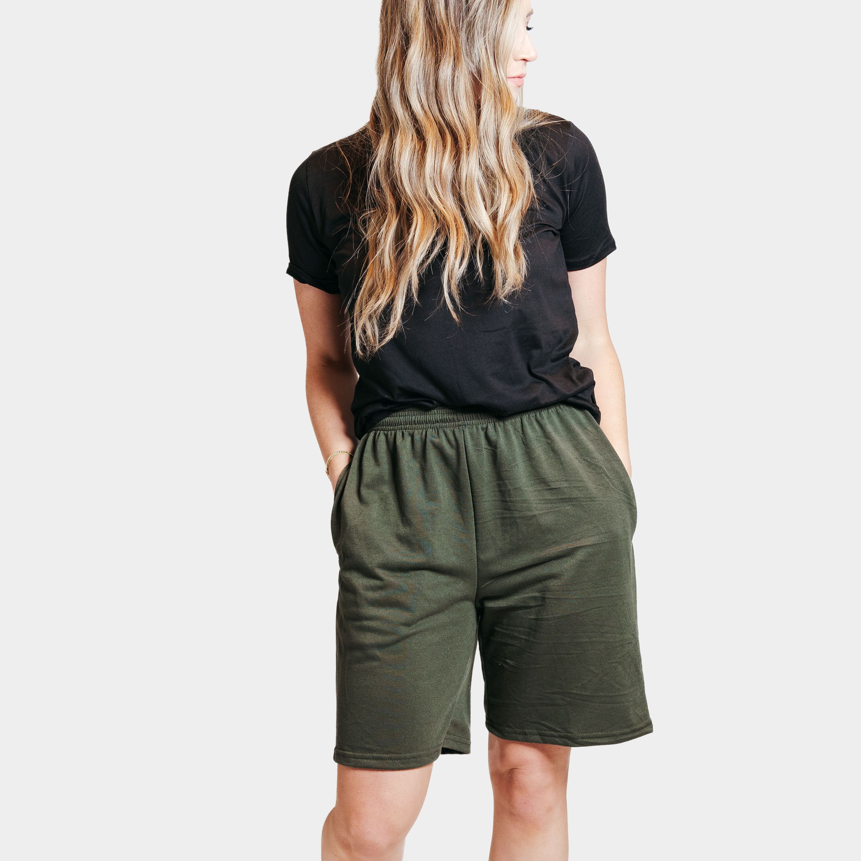 Olive French Terry Lounge Shorts with adjustable waistband and soft fabric, perfect for lounging and casual wear.