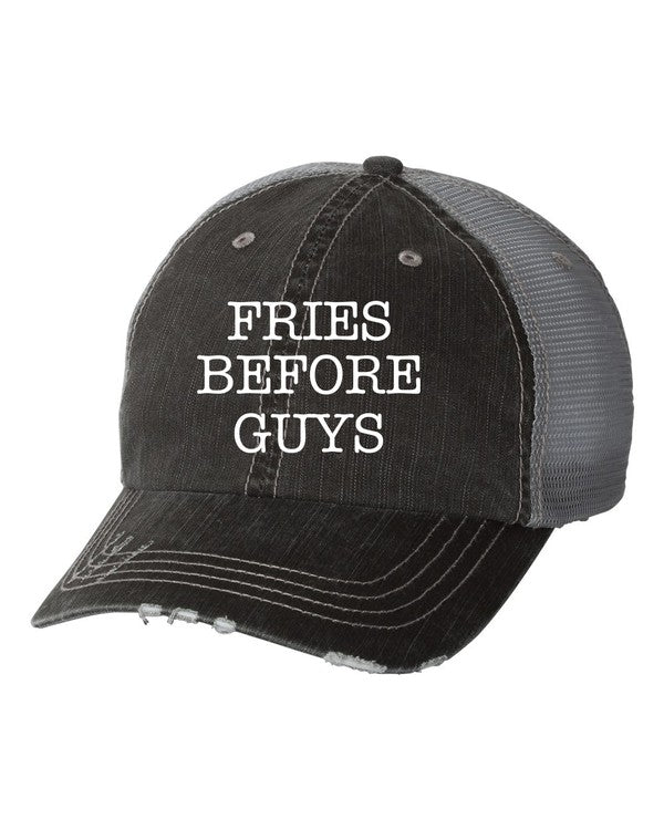 Fries Before Guys Embroidered Trucker Hat featuring a playful slogan on the front, made of cotton and polyester with a mesh back.