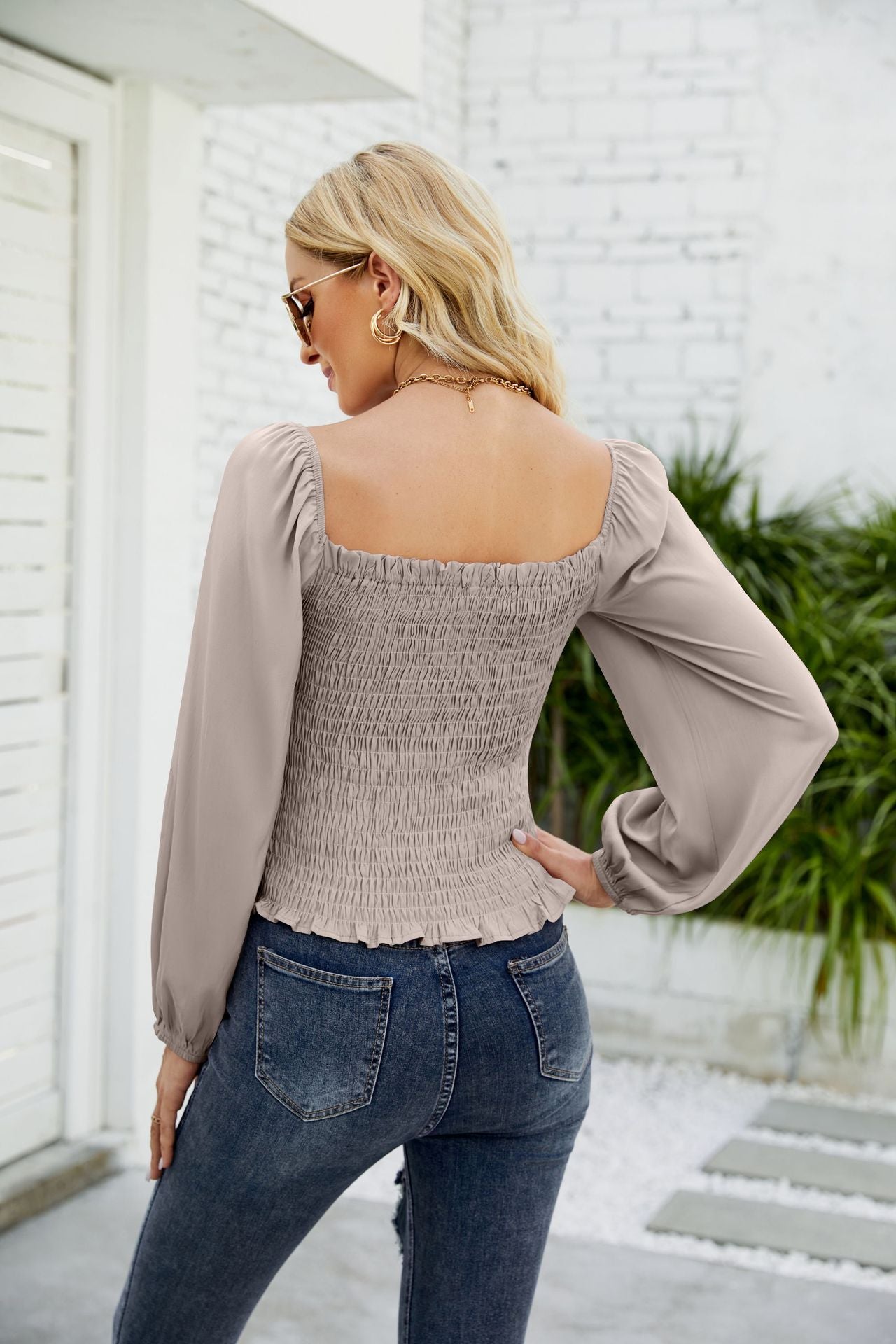 Frill Hem Smocked Balloon Sleeve Blouse in solid color, featuring a square neckline and long balloon sleeves, perfect for chic outdoor styling.